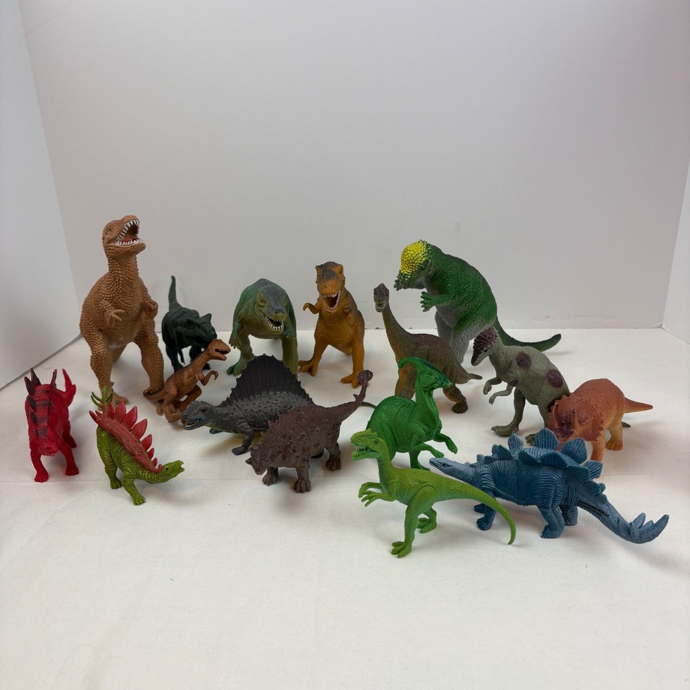 Assorted Plastic Dinosaur Figures Lot T-Rex Stegosaurus Triceratops Toy Set 16pc